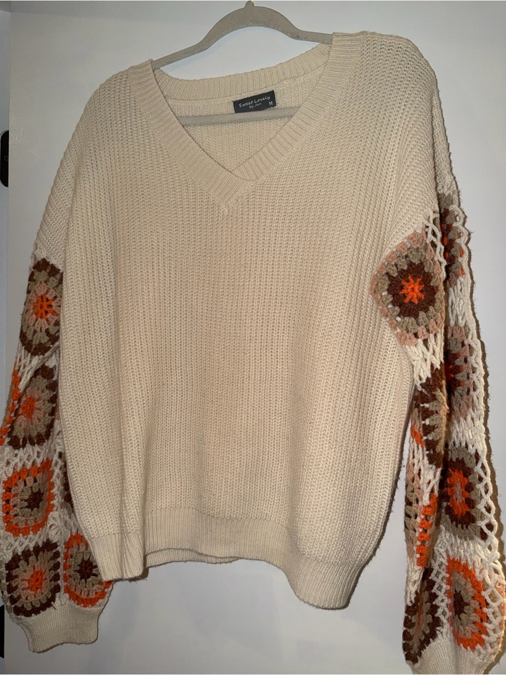 Sweet Love Cream V-Neck Sweater with Crocheted Flower Accent Sleeves